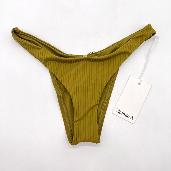 VITAMIN A California High Leg Bikini Bottom Womens Small Green Ribbed NEW - Picture 1 of 8